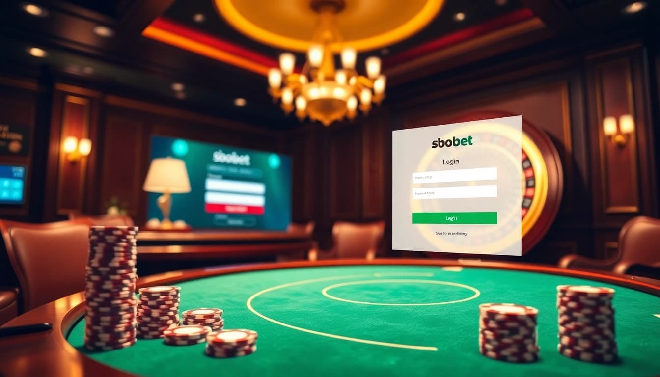 Experience sbobet login excitement at a luxurious casino table with poker chips and a roulette wheel.