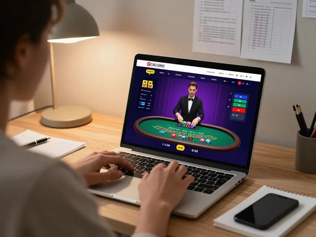Engaged player at nhà cái goal123 using laptop for live dealer gambling in a cozy home office.