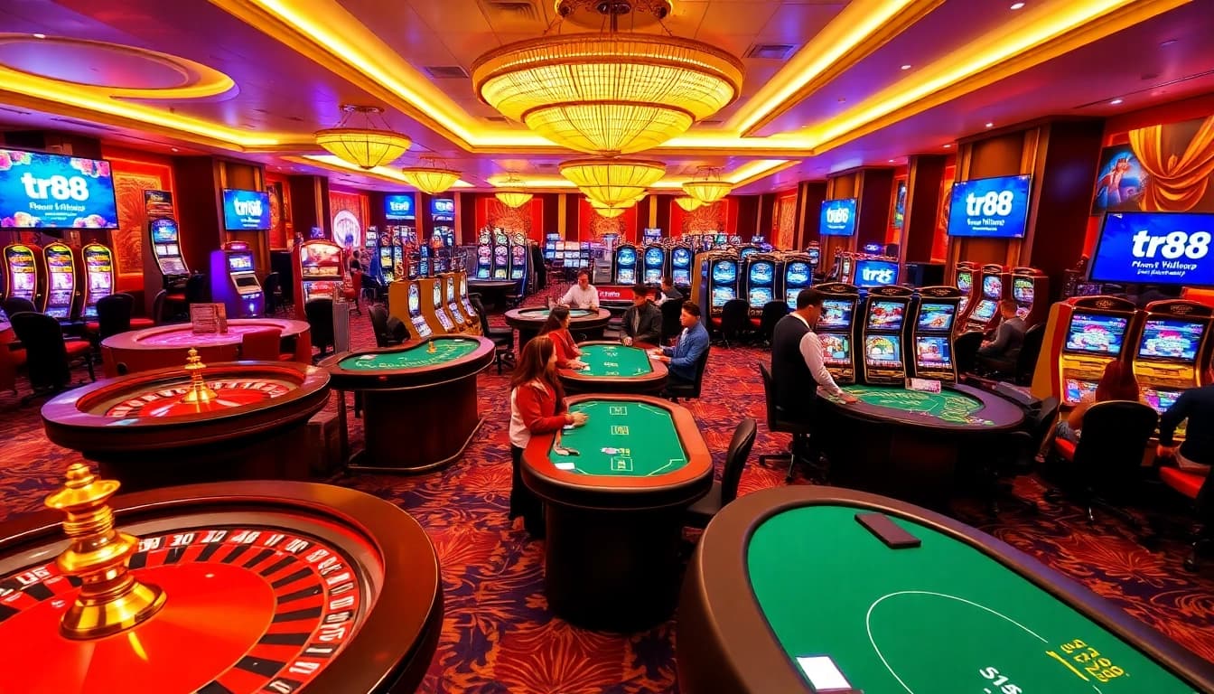 Engage with TR88 link on a vibrant casino floor showcasing roulette, poker, and slot games.