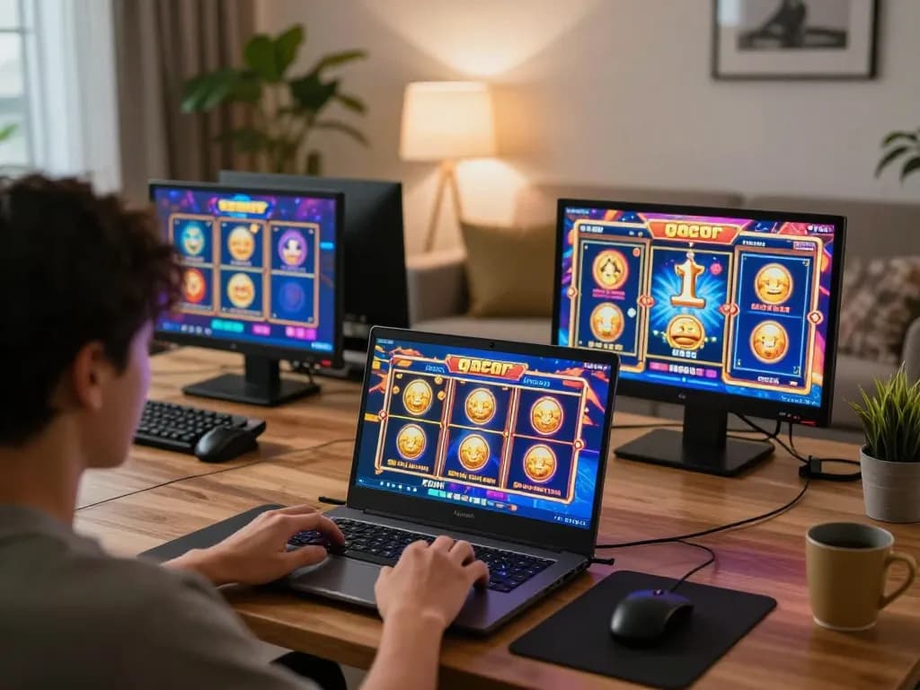 Engaging gameplay on slot gacor at home with a laptop and colorful winning screens.