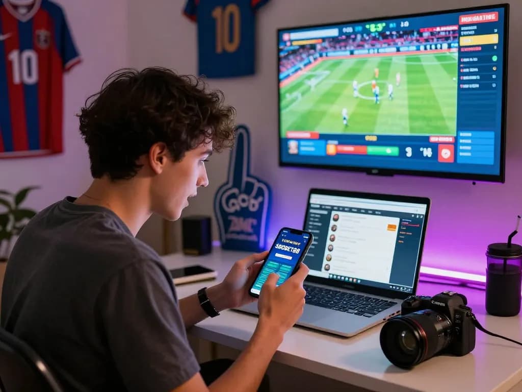 SBOBET88 online betting excitement with a young adult checking live sports odds.