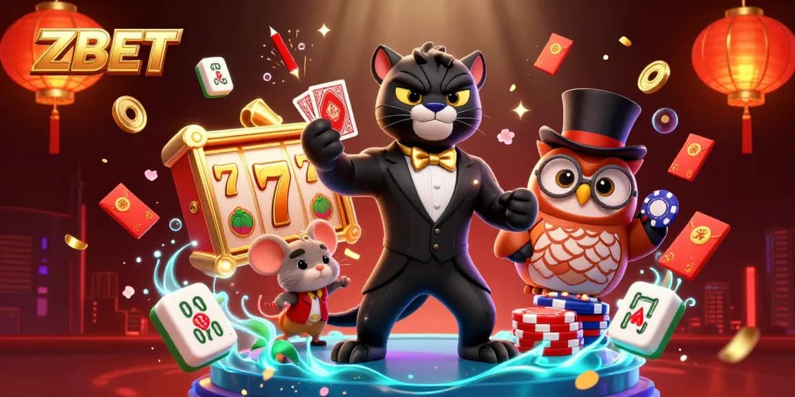 Engaging ZBET illustration with a stylish tuxedo panther and gaming elements representing casino excitement.