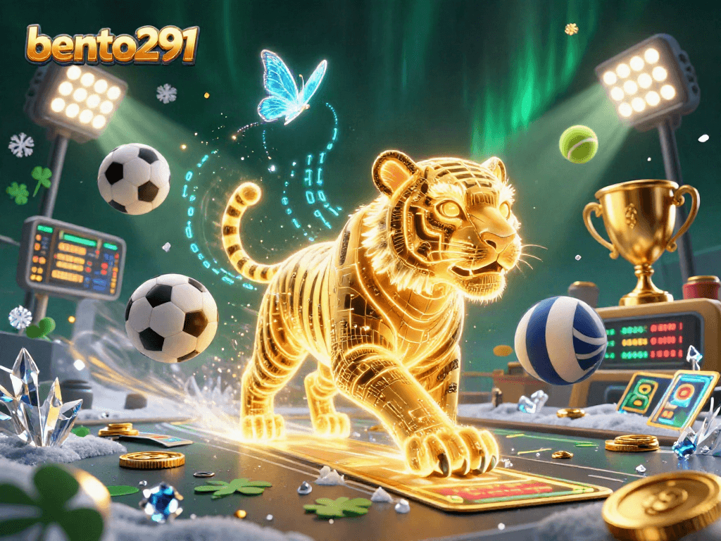 Experience bento291's dynamic sports betting scene with a neon tiger surrounded by action-packed elements.