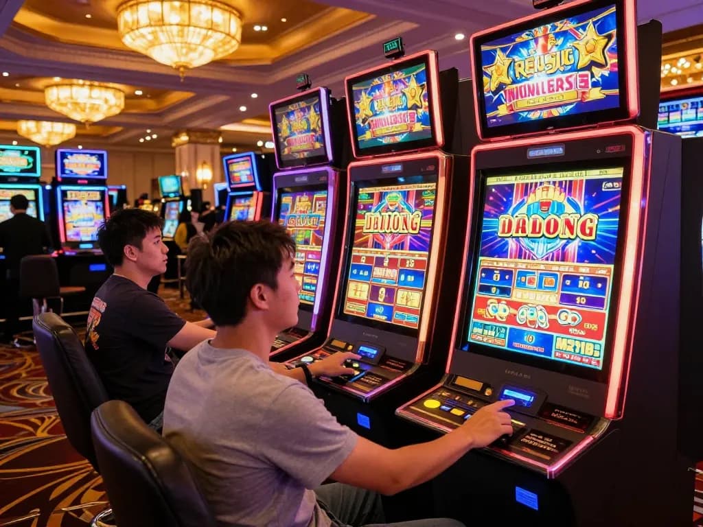 Players enjoying thrilling slot machines at DRAGON222 casino with vibrant displays and excitement