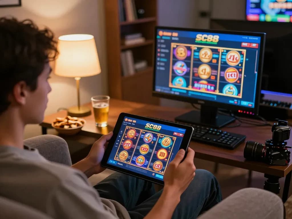 Engaging gameplay experience on SC88 app showcasing slot games on a cozy sofa setting.