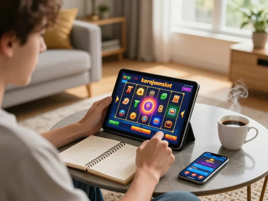 Engaging kerajaanslot online gaming moment with a player using a tablet at home, surrounded by strategy notes.