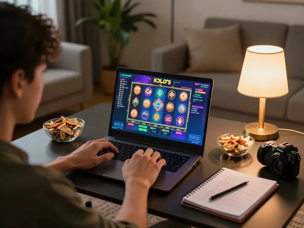 Player engaging with kdslots online slots on a laptop, surrounded by snacks and strategy notes