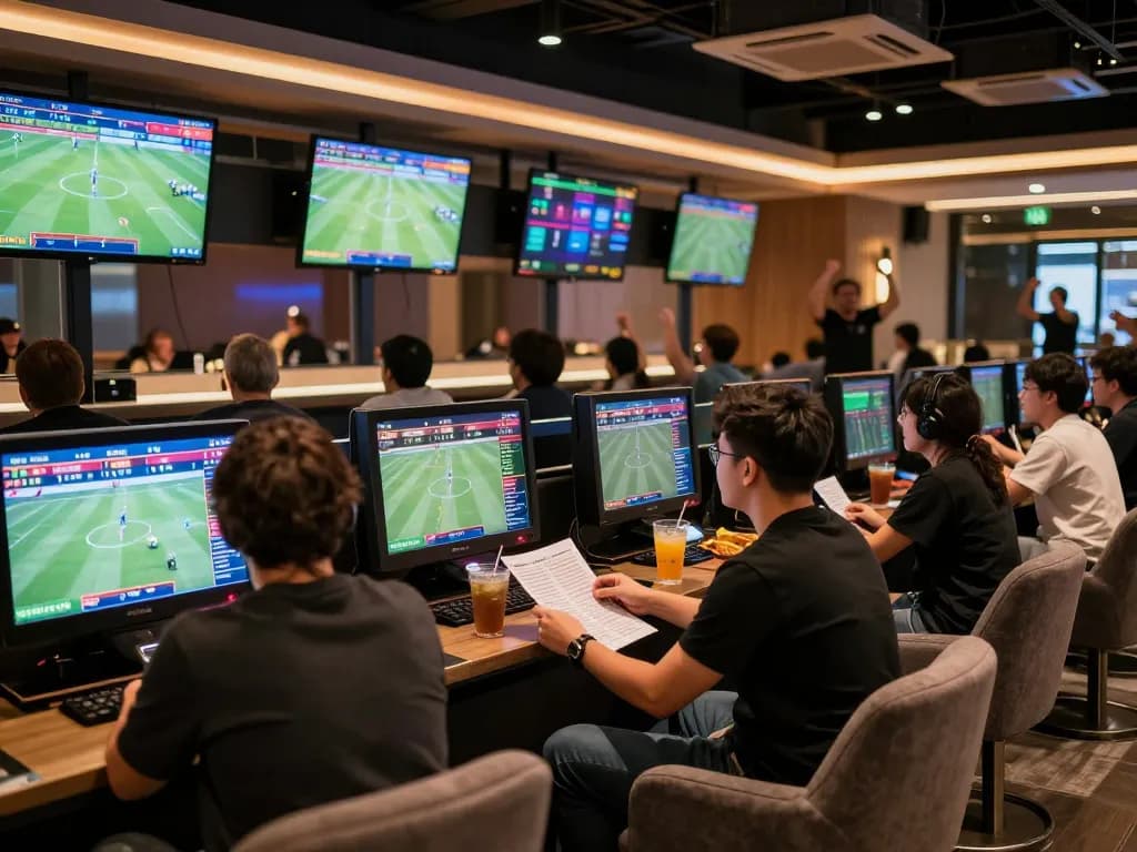 Tỷ lệ kèo nhà cái hôm nay: Excited bettors analyzing odds in a modern sports betting lounge.