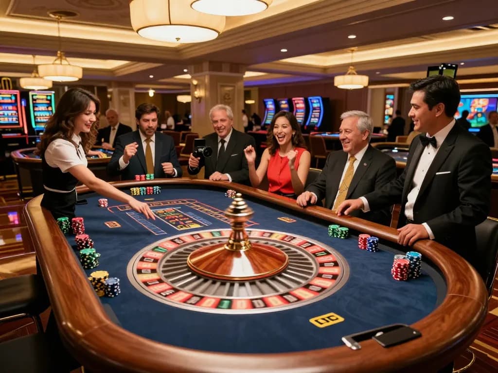 Experience the excitement at kkwin.com with players eagerly betting at a roulette table in a luxurious casino.