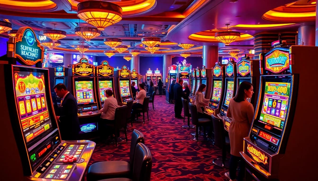 Engaged players experiencing the excitement of winning at slot machines in a vibrant casino.
