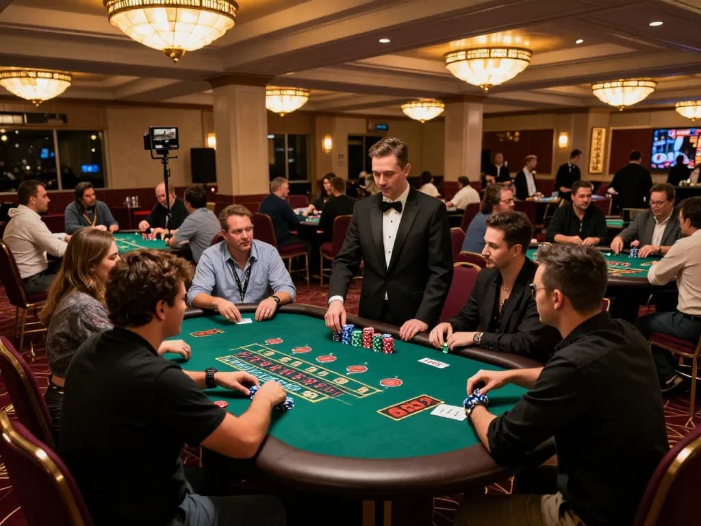 KONG 88 players strategizing bets at a bustling blackjack table in a lively casino atmosphere.