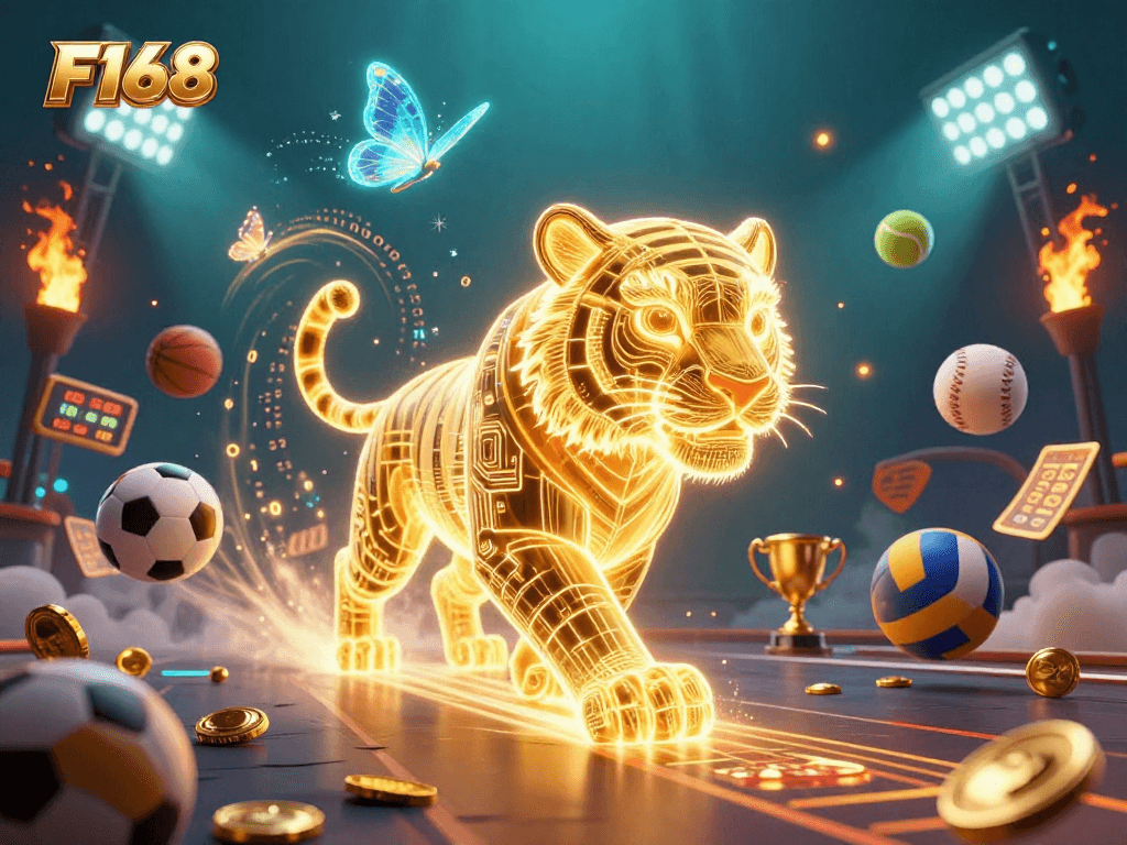 Experience thrilling gaming at F168 with a neon-wireframe tiger amidst dynamic sports betting action.