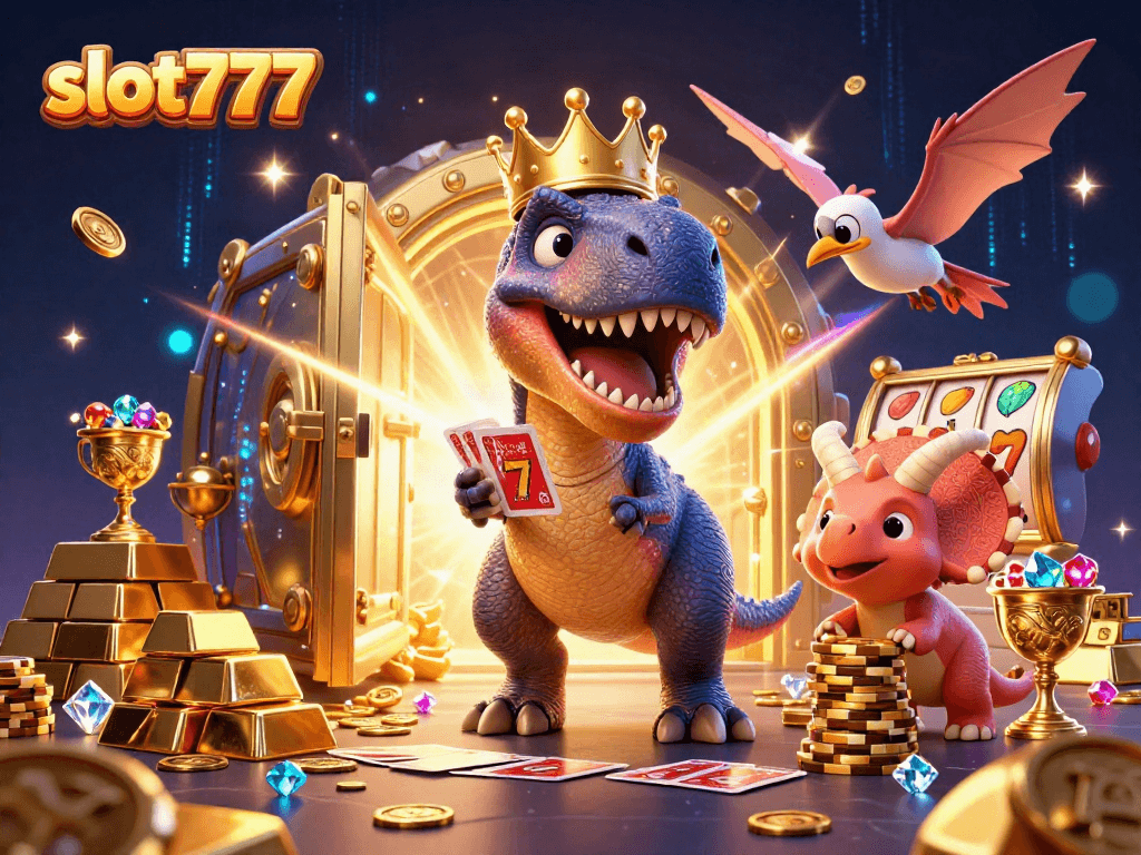 Play exciting slot777 casino games with our cartoon dinosaur characters in a vibrant scene.