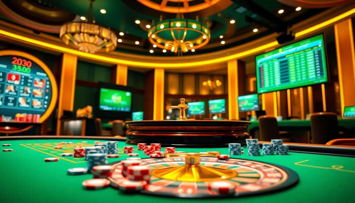 Engaging online gambling scene illustrating Lô đề trực tuyến with roulette wheel and poker chips.