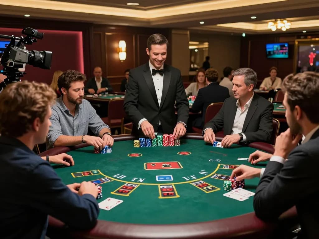 mm88 players strategizing at a lively blackjack table in an upscale casino environment.