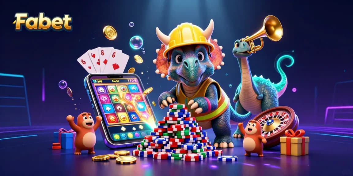 Experience Fabet's excitement as a triceratops builds poker chip towers in a vibrant casino scene.