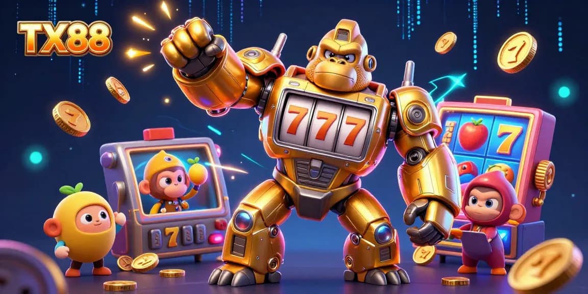 Experience thrilling slot gameplay with TX88's dynamic golden gorilla mech surrounded by fruit symbols and jackpots.