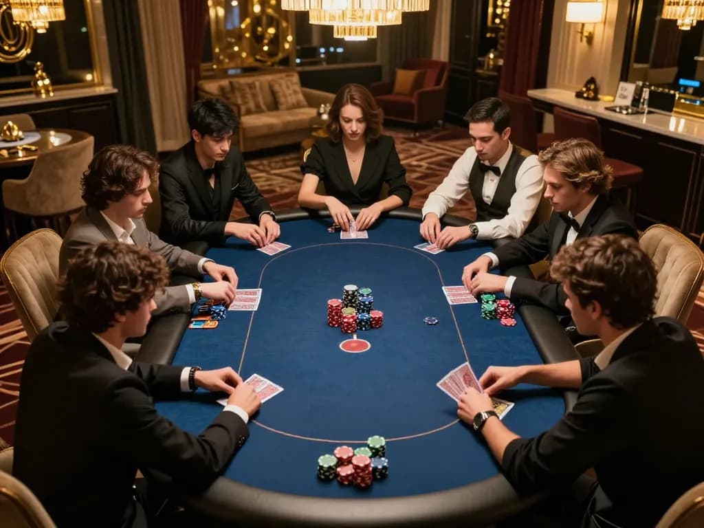 Players strategizing in a high-stakes poker game at a luxury venue, showcasing 123bmvp experience.