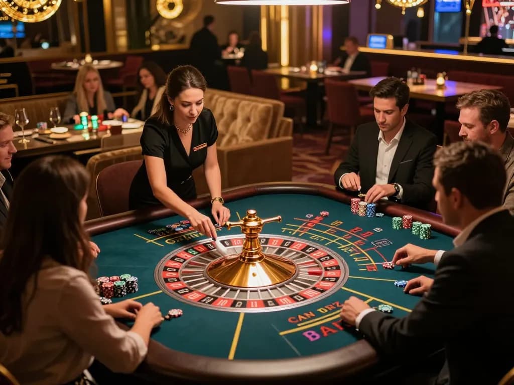 Engaging scene at https://kjc.events/ with players gathered around a roulette table, chips in play, vibrant casino atmosphere.