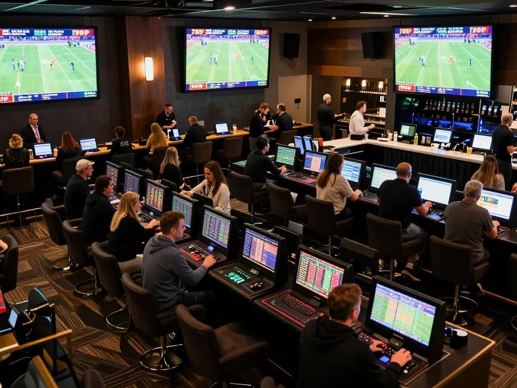 Patrons placing bets in a dynamic sports betting lounge with vibrant displays featuring 789P odds.