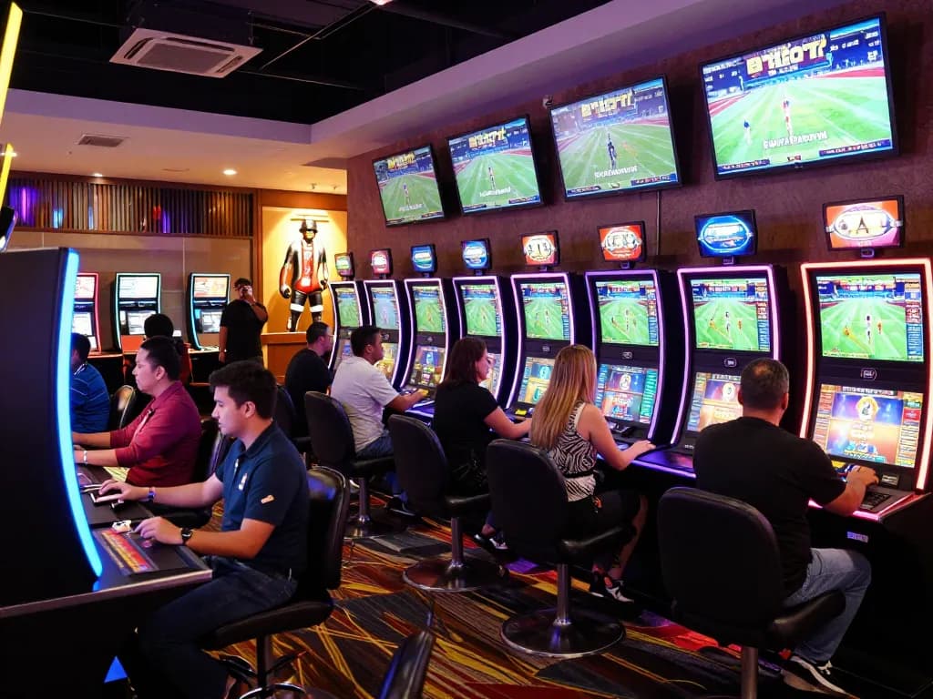 Engaged gamblers placing bets on Bsport during a lively sports betting event.