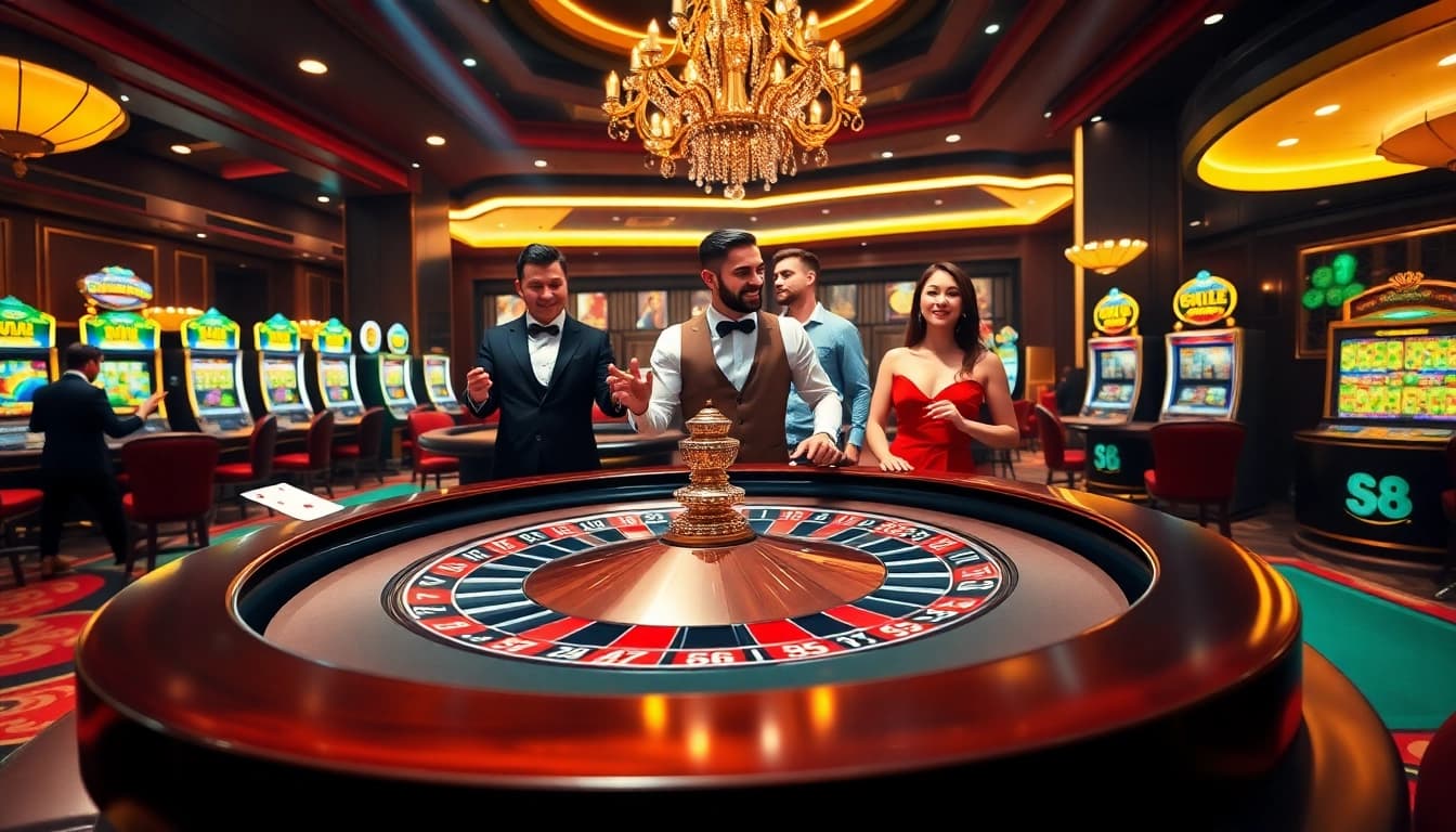S8 casino players engaging at a vibrant roulette table with poker chips and cards.