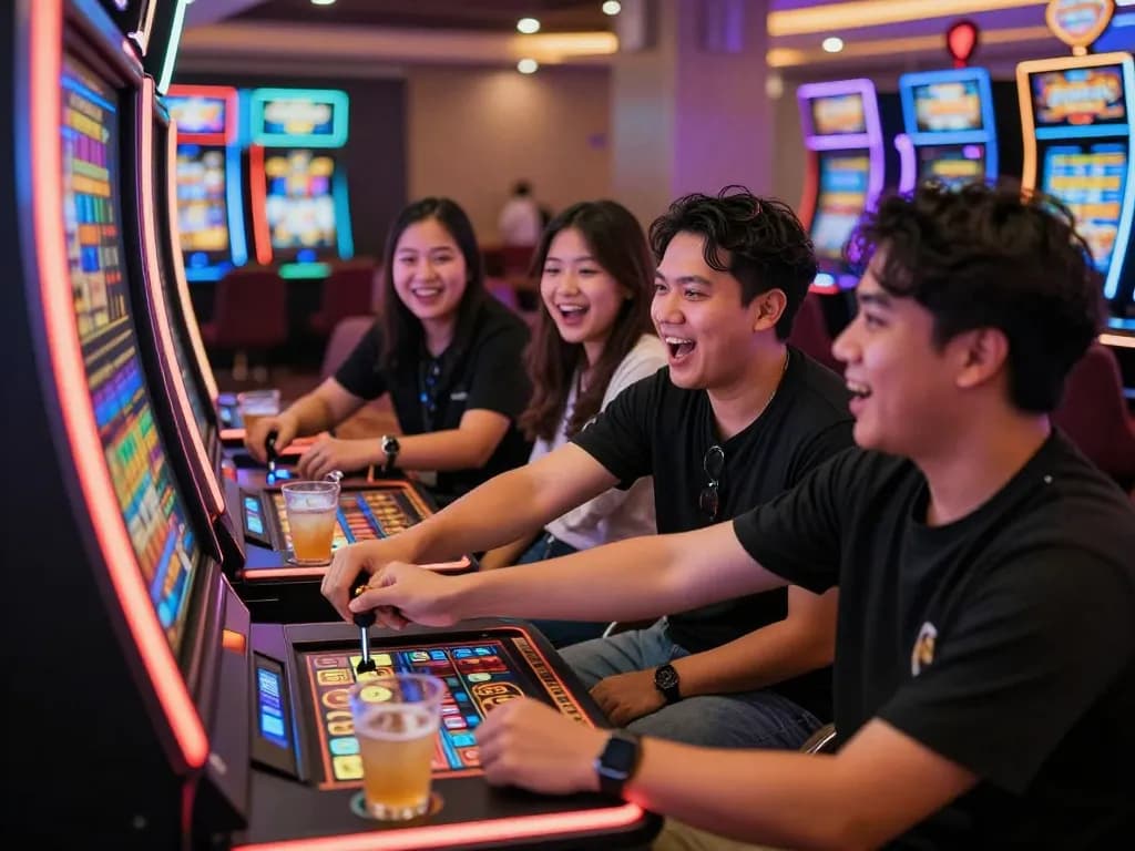 Kegembiraan di sekitar mesin slot gacor hari ini di kasino yang ramai dengan teman-teman yang menikmati waktu mereka.