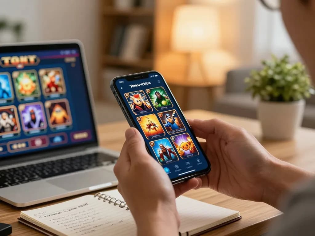 Berinteraksi dengan aplikasi tenku-ichiba di smartphone, menyoroti kegembiraan permainan mobile dalam suasana rumah yang nyaman.