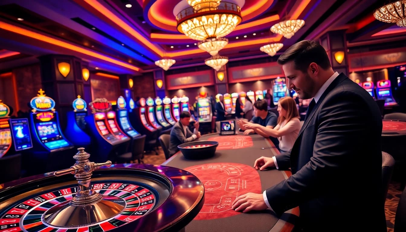 Engaging gambling enthusiasts at a lively RR88 casino scene with tables and slot machines.