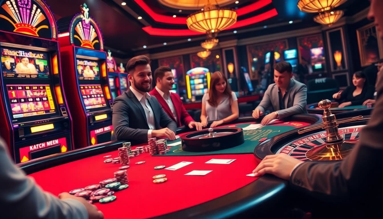 Players enjoying an i9bet poker game at a luxurious casino table with colorful chips.