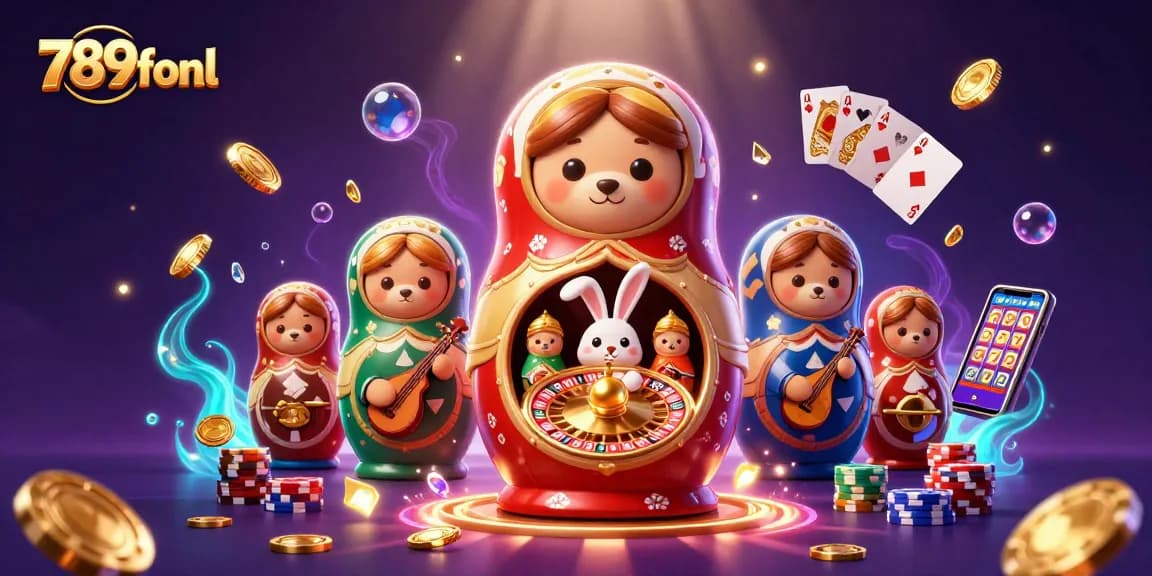 Experience the excitement of 789fonl casino with Matryoshka bears, golden coins, and vibrant games.