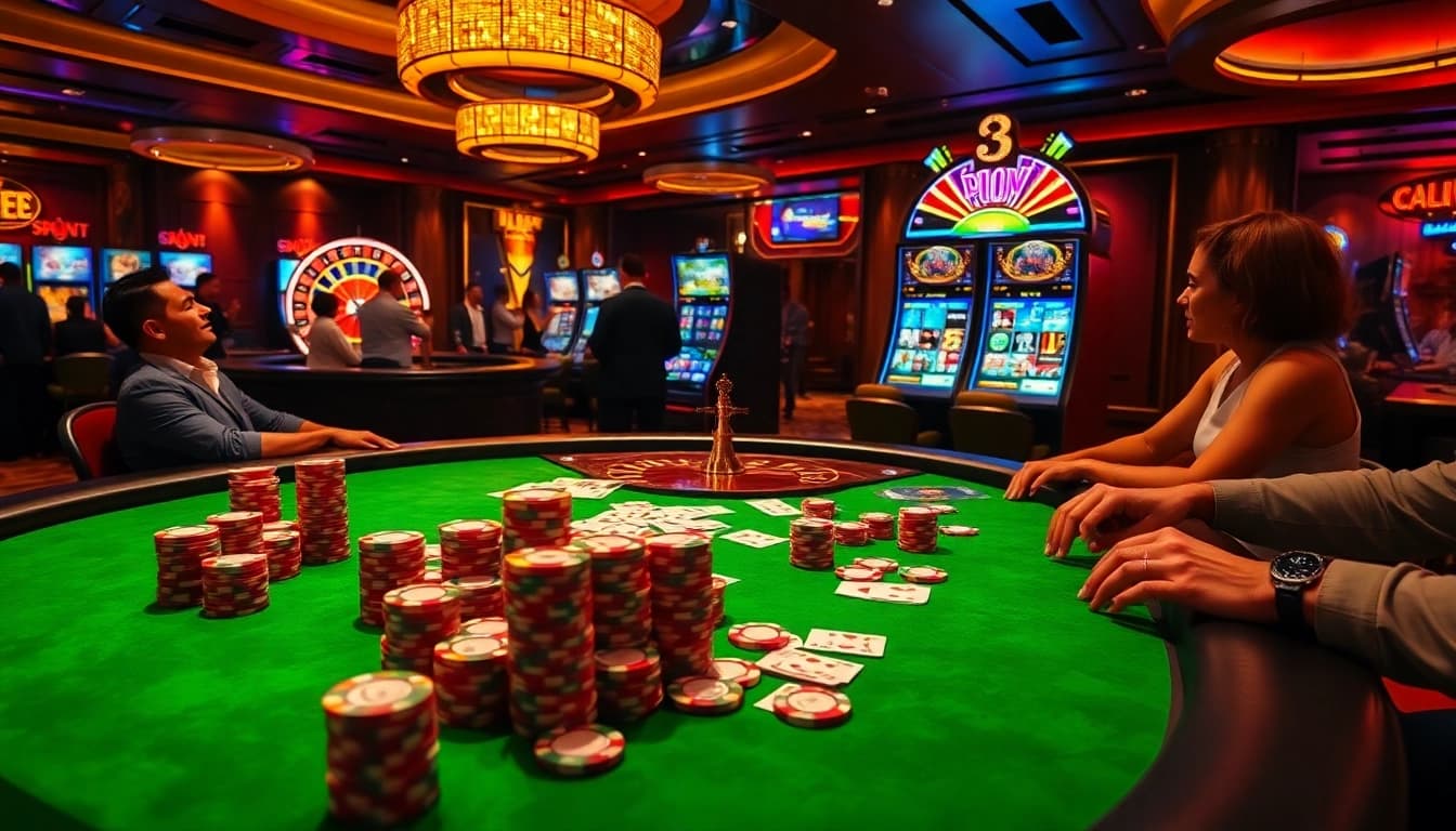 Players enjoy an exciting game at the S8 casino poker table, surrounded by vibrant chips and gaming action.