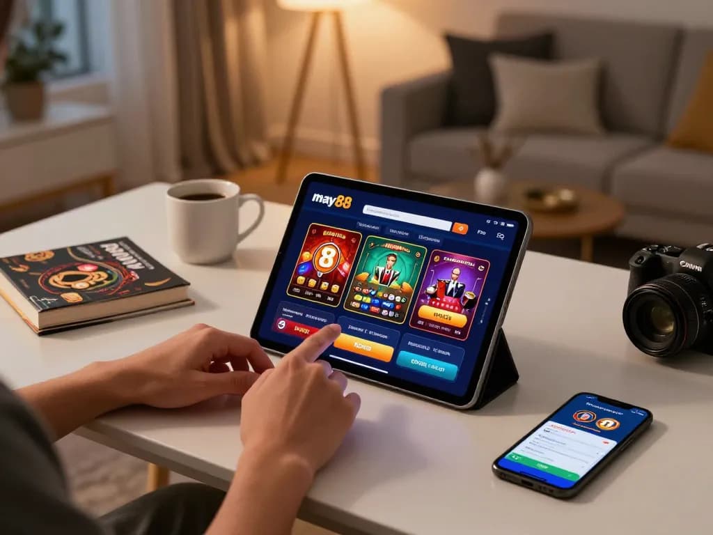 Player using may88 app on tablet for casino gaming, showcasing table games and strategic betting.