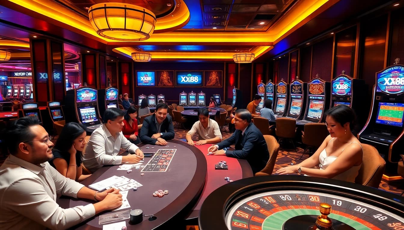 Exciting casino scene showcasing players enjoying games at XX88 tables with vibrant lights and luxury decor.