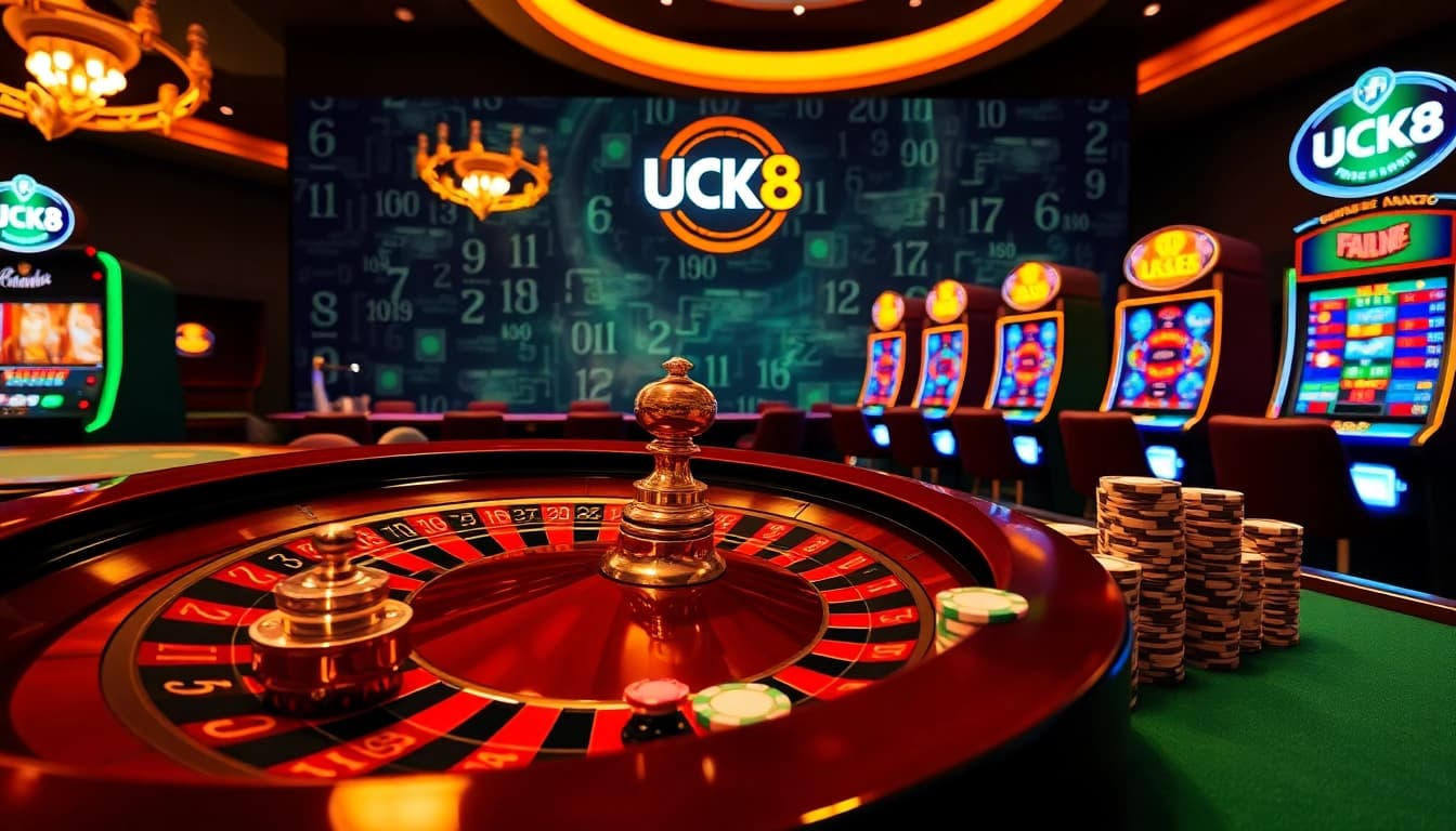 Experience the thrill of LUCK8 with a dazzling representation of a luxury casino scene featuring roulette and poker action.