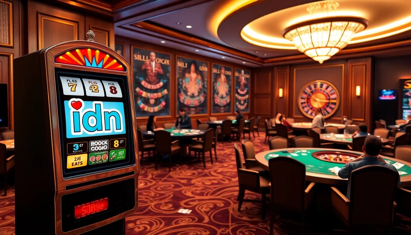Experience the thrill of idnslot at a luxurious casino with vibrant slot machines and engaged players.