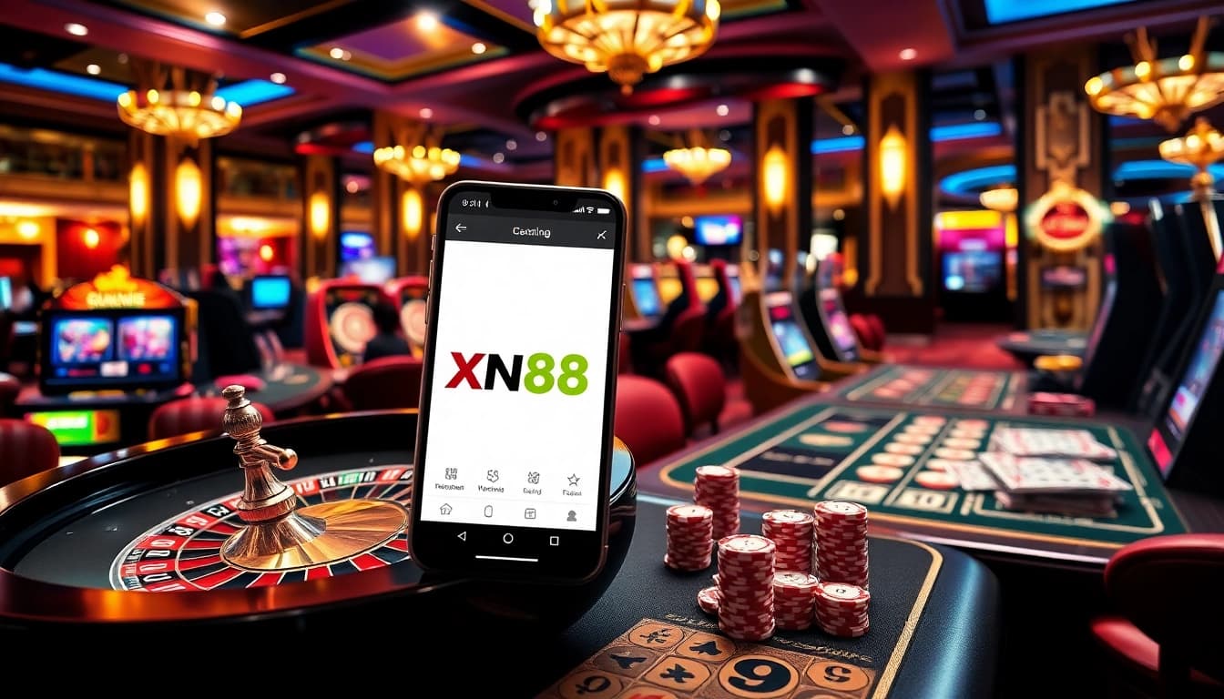 Experience the excitement of tải game xn88 with vibrant casino visuals showcasing gaming tables and modern technology.