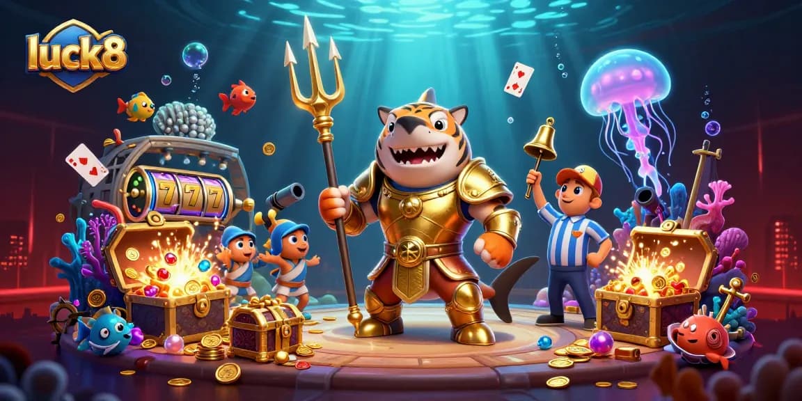 Spin jackpots at luck8 with a vibrant underwater casino scene featuring a golden shark.