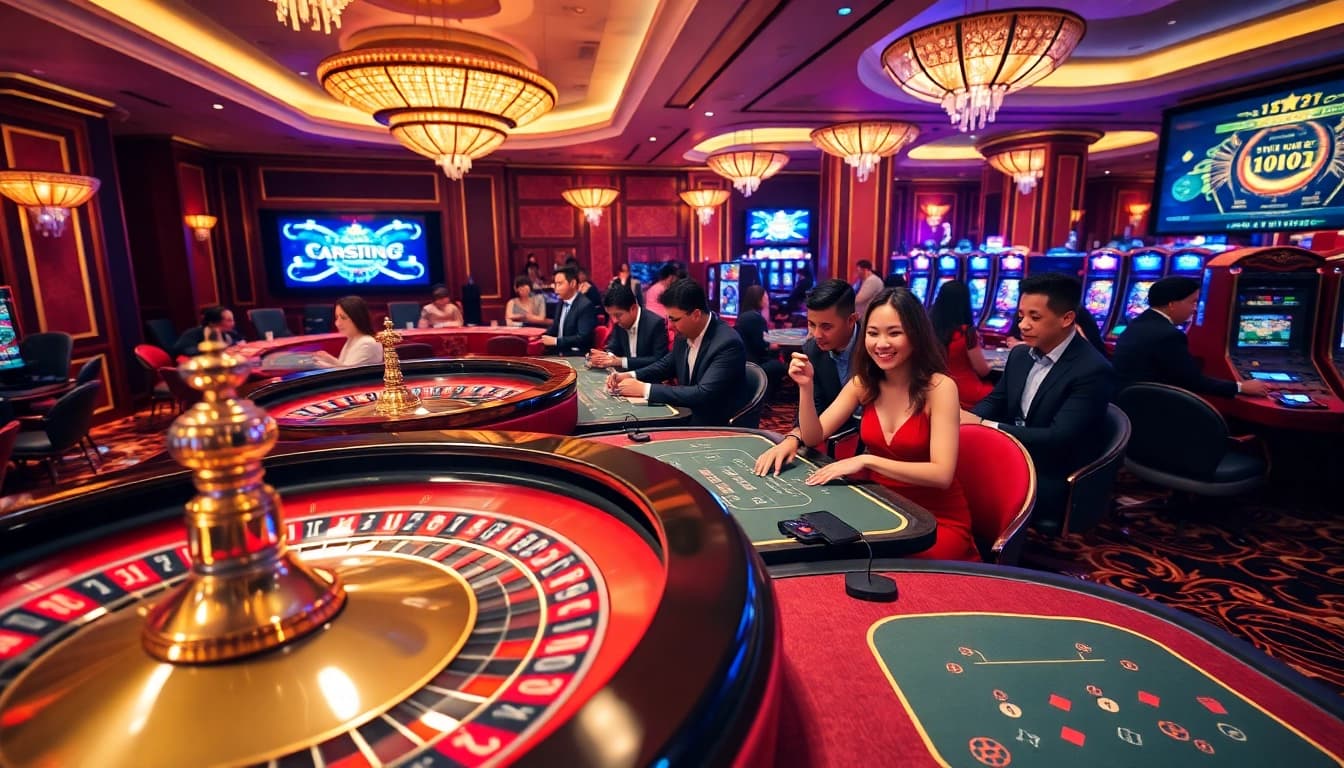An inviting casino scene with gamblers engaged at tables, featuring the online gambling spirit of https://df999.cn.com/.