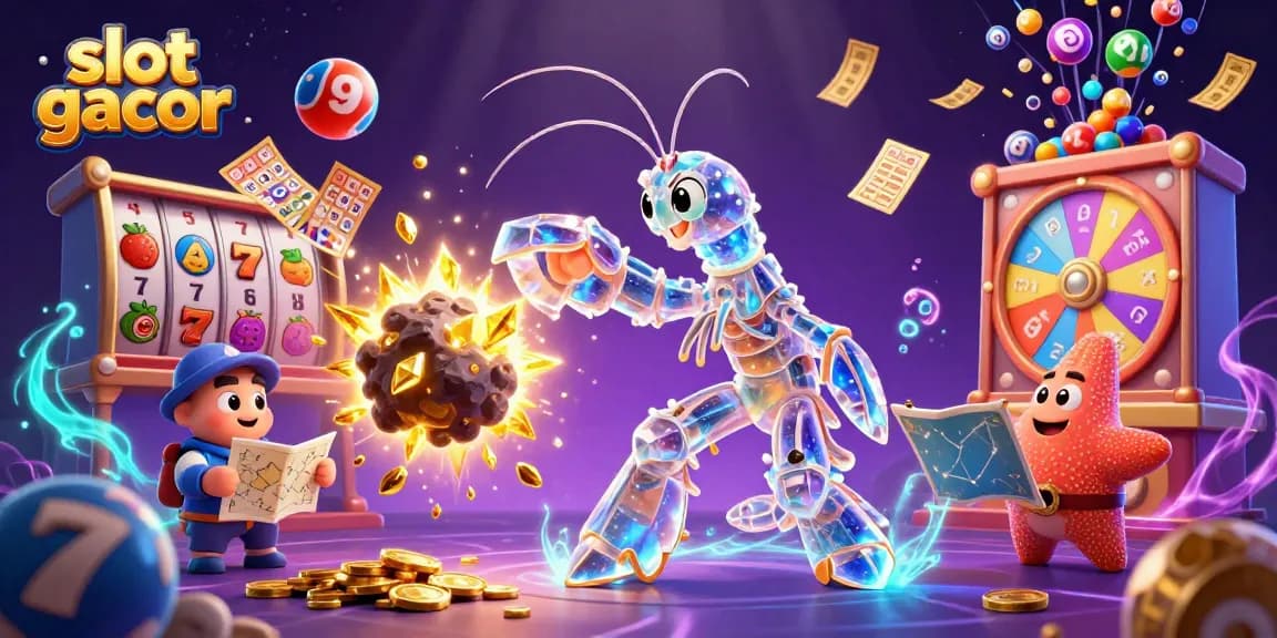 Experience slot gacor excitement with a vibrant 3D battle scene of a mantis shrimp and starfish among casino elements.