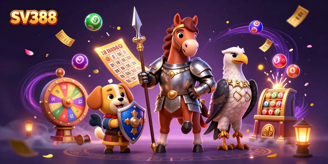 Experience SV388 thrills with dynamic gambling imagery featuring knights and lottery elements.