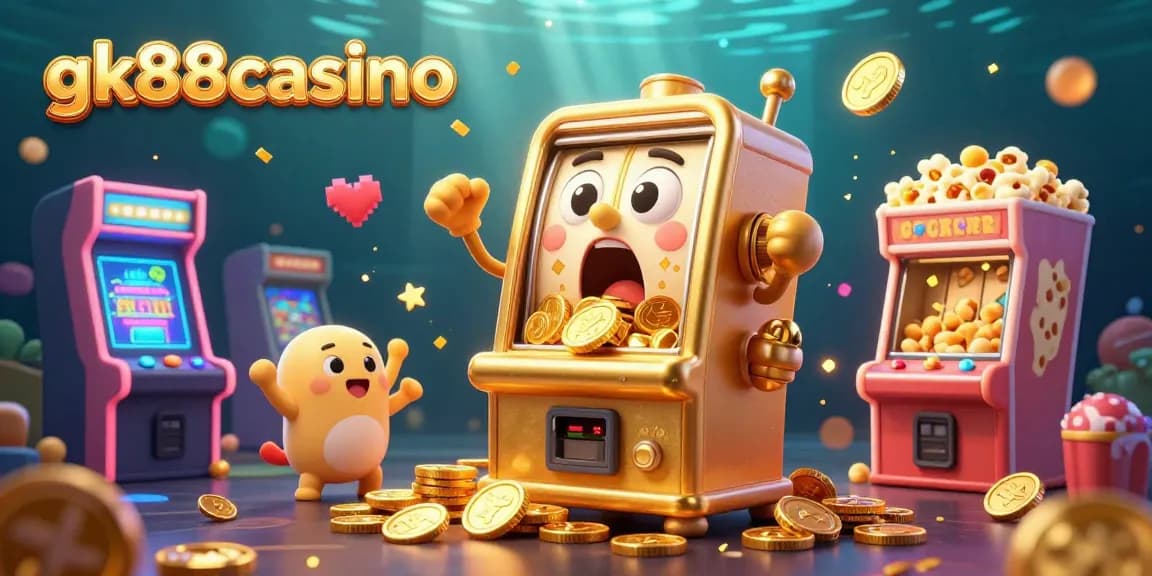 gk88casino brings excitement with a golden slot machine celebrating its jackpot amidst a vibrant casino backdrop.