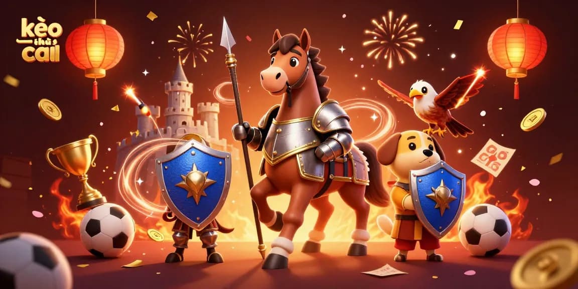 Experience kèo nhà cái actions with a knight, squire, and falcon, surrounded by sports elements and festive decorations.