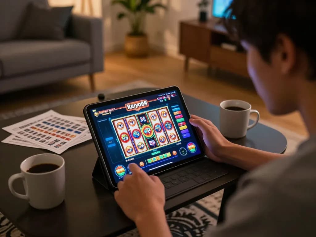 Pemain yang terlibat dalam permainan slot tokyo88 di tablet, suasana rumah yang nyaman dengan catatan strategi yang terlihat.