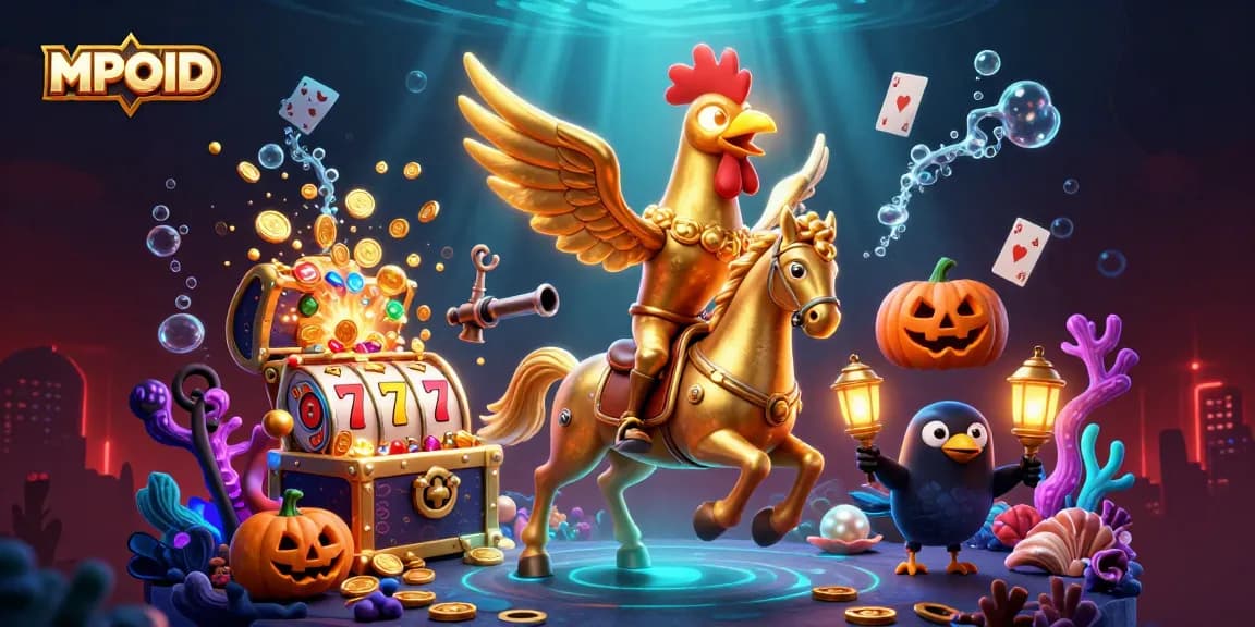 MPOID captures a thrilling casino adventure with a golden rooster and spectral horse amid slot reels and gold coins.