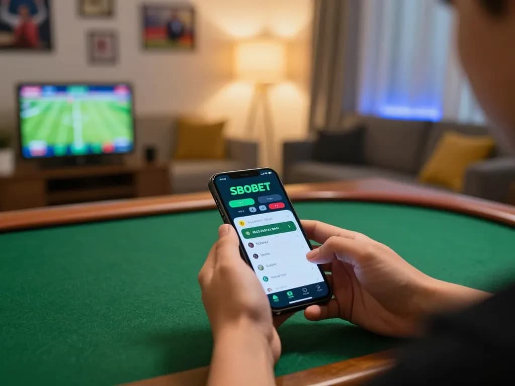 Pengguna SBOBET melakukan taruhan di aplikasi seluler di ruang tamu yang nyaman
