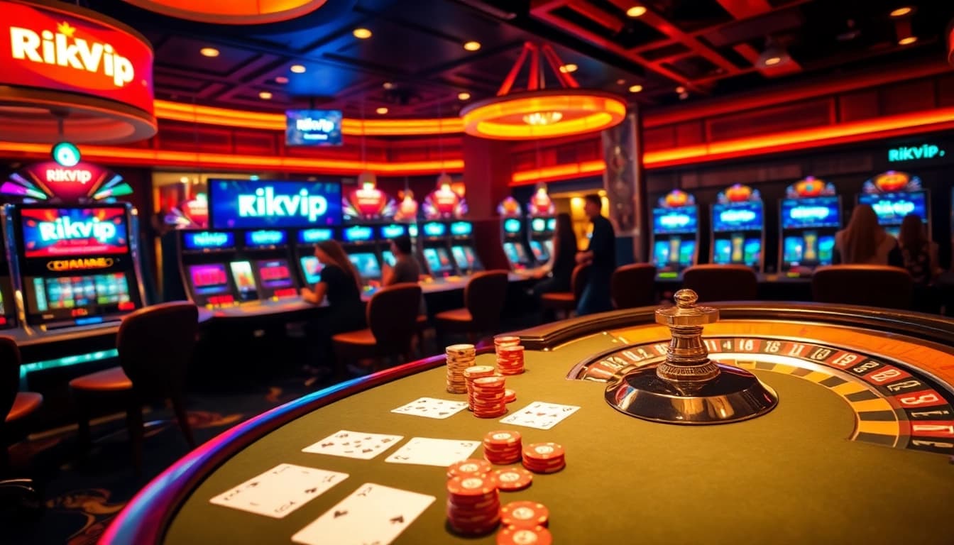 Exciting casino scene featuring Rikvip, with players at poker and a spinning roulette wheel.
