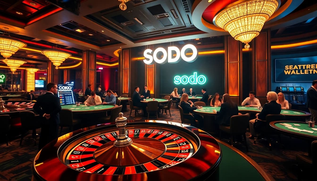 SODO casino scene showcasing vibrant roulette and poker tables filled with excited players.
