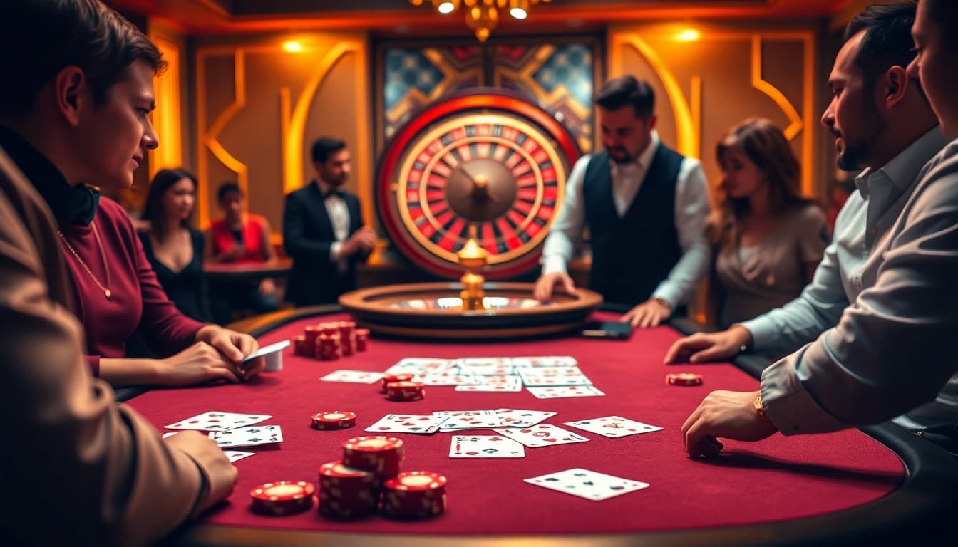 Engaged players enjoy a thrilling DH88 poker game at a luxurious casino table.