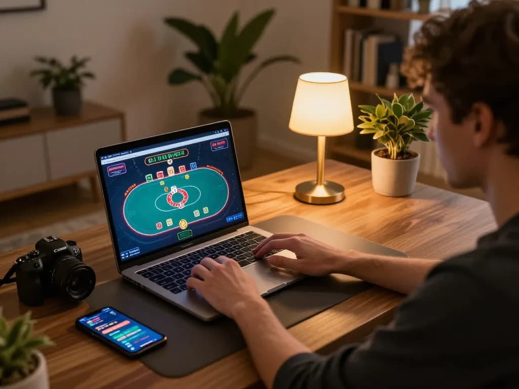 Engaging in online gaming on bong99 with focused gameplay at home, showcasing poker interface